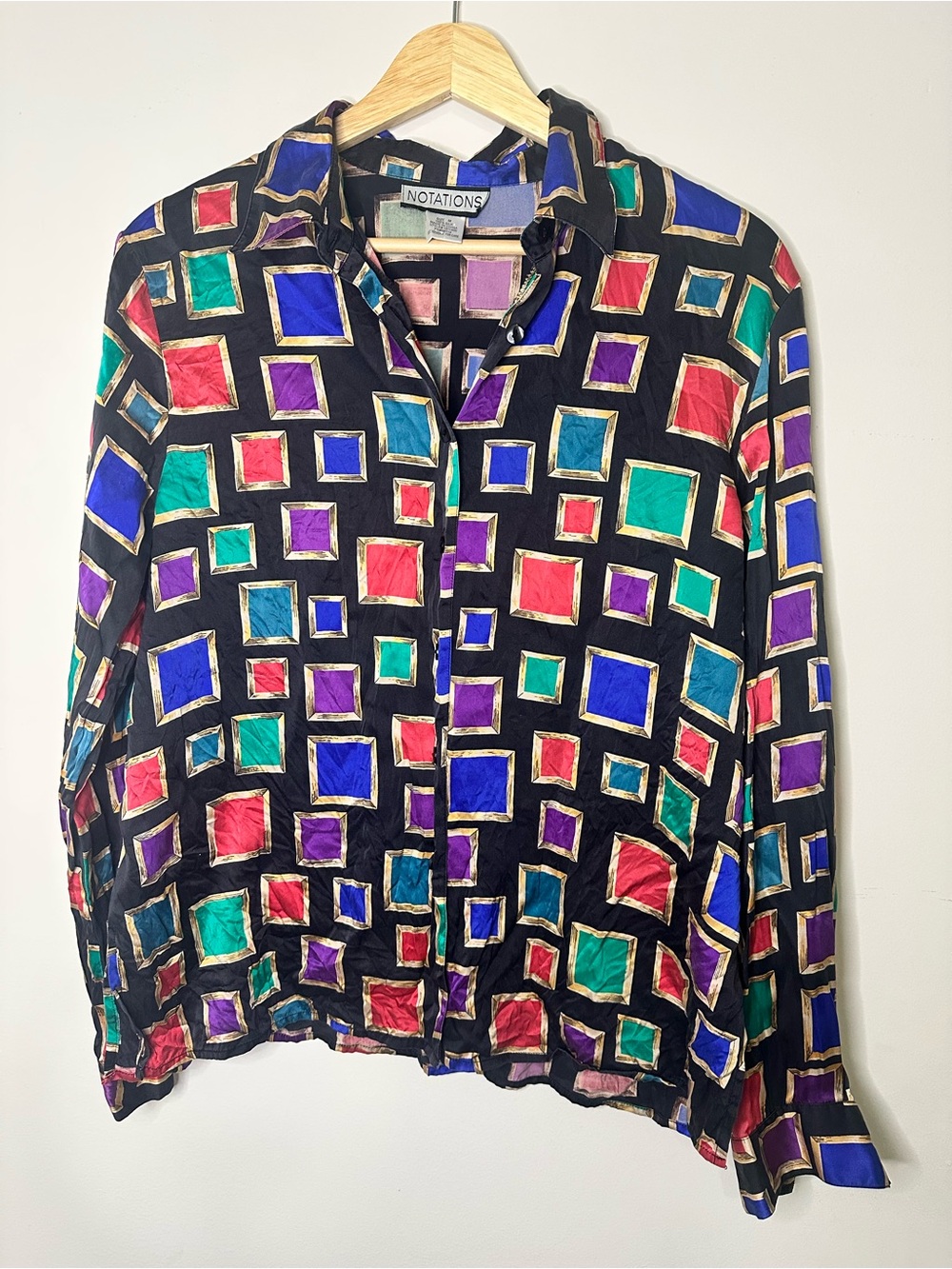 Vintage Notations Silk Button-Up Blouse with Colorful Geometric Squares